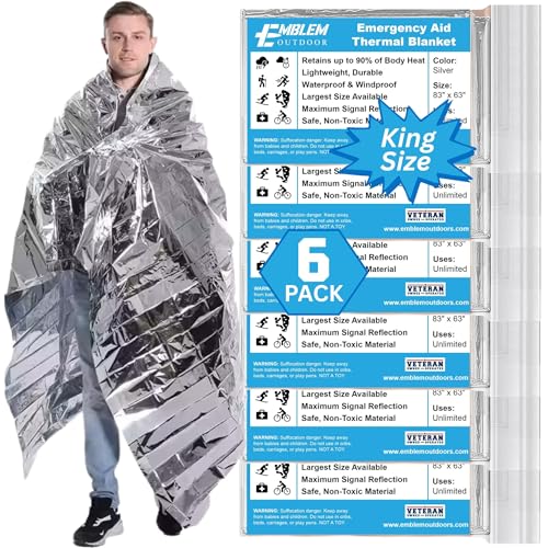 Thermal Emergency Blanket for Survival, Hiking, Camping, First Aid, and Bug Out Bag for Protection from Cold, Rain, and Weather Exposure. Extra Large Mylar-Survival Blanket for Car, Outdoors (6-Pack)