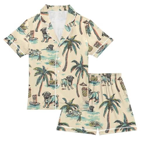ALAZA Pug Dog Palm Tree Lemon Satin Pajamas Set Short Sleeve Button Down Sleepwear Summer Pjs 2 Piece
