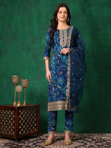 Image of NIVANA Womens Rayon Sequined Embroidered and Printed Kurta with Pant & Embroidered Dupatta | Floral Print Straight Fit Kurta Set | Round Neck with 3 /4 Sleeves | Festive & Ethnic Wear Outfit
