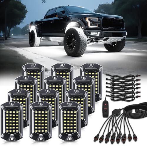 12 Pods Full Angle Pure White LED Rock Lights for Trucks Jeeps Golf Cart Offroad Pickup ATV UTV RZR SUV, 28 LEDs 6500K Super Bright Waterproof White Underglow Kit with Switch Harness Extension Wires