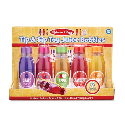 Image of Melissa & Doug Tip & Sip Toy Juice Bottles and Activity Card (6 Pcs) Pretend Play Food Set, Play Kitchen Food for Ages 3+ (Pack of 6)