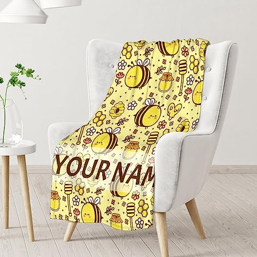 Personalized Bee Blanket Gifts, 30"x40" Cute Throw for Women Girls, Soft Cozy Warm Flannel Blanket for Sofa Bed