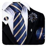 GUSLESON Navy Blue and Gold Tie for Men Stripe Wedding Silk Necktie Pocket Square Cufflinks and Lapel Pin Brooch Set (6108-13)