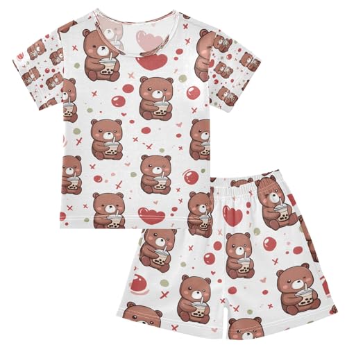 senya Drink Milk Tea Bear Summer Pajamas Set Short Cotton Sleepwear 2 Piece