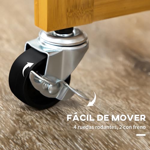 HOMCOM Juego de Mesa Alta de Bar con 2 Taburetes, Mesa Alta de Cocina de Bambú con Ruedas, Tablero Abatible, Cajones, Toalleros, Reposapiés y Ahorro de Espacio, Marrón - imagen 5