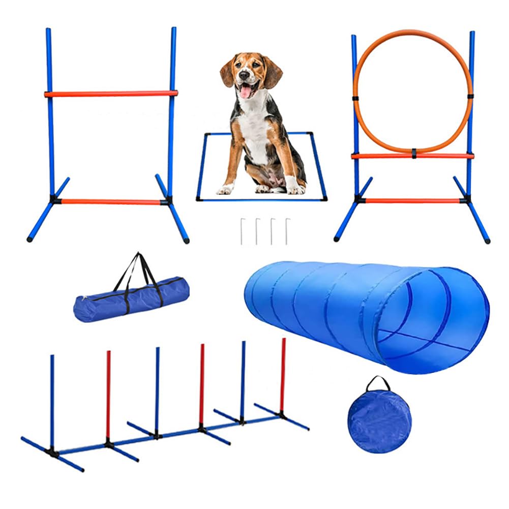 QXRSOP Dog Agility Training Equipment Dog Obstacle Course Backyard Dogs Agility Tunnel includes Tunnel Jump Ring Hurdle Weave Poles Pause Box Carrying Bag for Pet Outdoor Game
