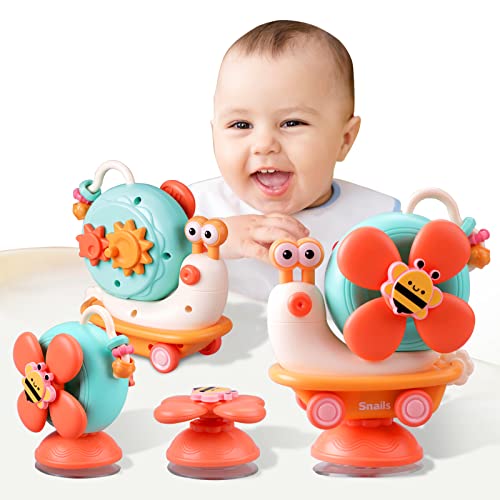 Image of High Chair Toys, Snail Windmill Shape Toddler Bath Toys rotatable Eyes Pullback car Removable Baby Spinner Toys with Suction Baby rattles Gifts for 6 12 18 24 Months, 1, 2 Year Olds Boys Girls
