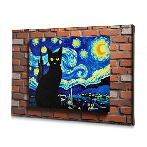 Toile chat noir nuit étoilée 30x40 cm : tableau étanche anti-humidité