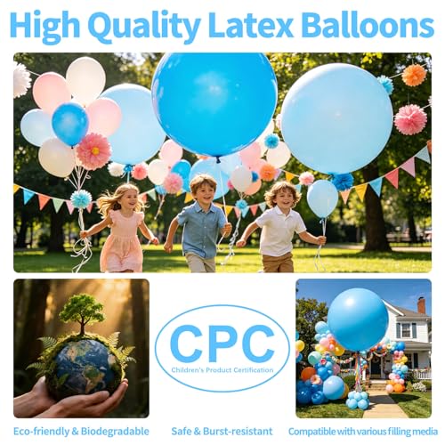 Image of 5Pcs Light Blue Balloons 36 Inch, Round Large Latex Party Balloons for Birthday Wedding Decorations
