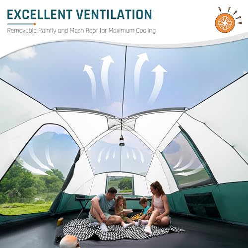 Image of 8 /10 /11 Person Camping Tent with Porch, Large Family Tents for Camping, PU1000MM Waterproof Tent with 5 Mesh Windows, Removable Rainfly, Reflective Windproof Rope, Big Dome Tent Fits 3 Queen Airbeds
