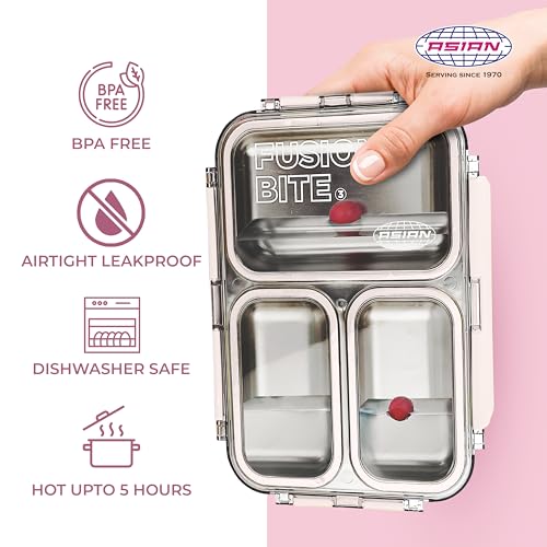 Image of Asian Plastowares - 3 Insulated Lunch Box | Tiffin Box - Leak-Proof, Airtight | Lunch Box for Kids & Adults | Durable & Spill-Free School, Office, and College Tiffin | Light Pink