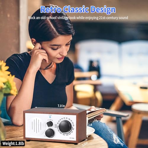 Image of Vintage Wood AM FM Bluetooth Speaker Radio Plug in Wall, Elegant and Retro Design, Old Fashion Radio Bluetooth Speaker with Aux in, Headphone Jack for Home, Office, Kitchen, Gift