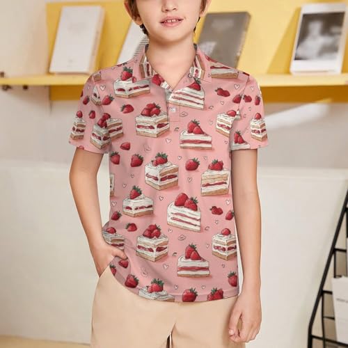 Boys' Classic Polo Shirts Short Sleeve Moisture-Wicking Golf & Tennis Shirts for Youth Teens Delicious Strawberry Cake2