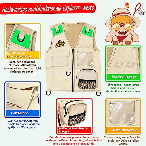 Kit Esploratore all'aperto - Set Cattura Insetti con Gilet, binocolo, Torcia elettrica, Regalo di Compleanno del Giocattolo di Avventura di Campeggio per Ragazzi e Ragazze di età 3-12 Anni - immagine 6