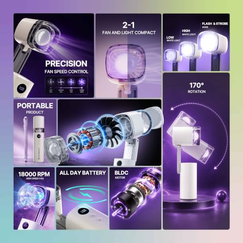 Image of CrossBeats Breezo Foldable Rechargeable Handheld Fan with LED Light | BLDC Motor, 100 Adjustable Speed Levels, 3 Light Modes, Portable Mini Fan for Travel, Office, Gym & Makeup