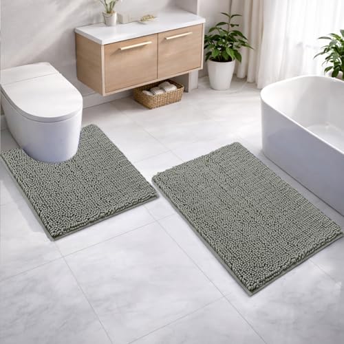 Image of LUXEHOME International Microfibre Chenille Contour Bath Mat Set for Bathroom, Anti Slip Super Absorbent Quick Dry Washable Bathroom Mats, Solid (Grey 40x60cm & 47x47cm) Pack of 2