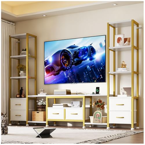Reviews de Mesas para TV comprados en linea. 44 SIMPLE HOGAR Mueble para TV, Mesa para TV with Cajón de Tela Enchufe para Televisores de hasta 70 Pulgadas, Ancho 240 cm, Centro de Entretenimiento, para Mueble para Sala de Estar...