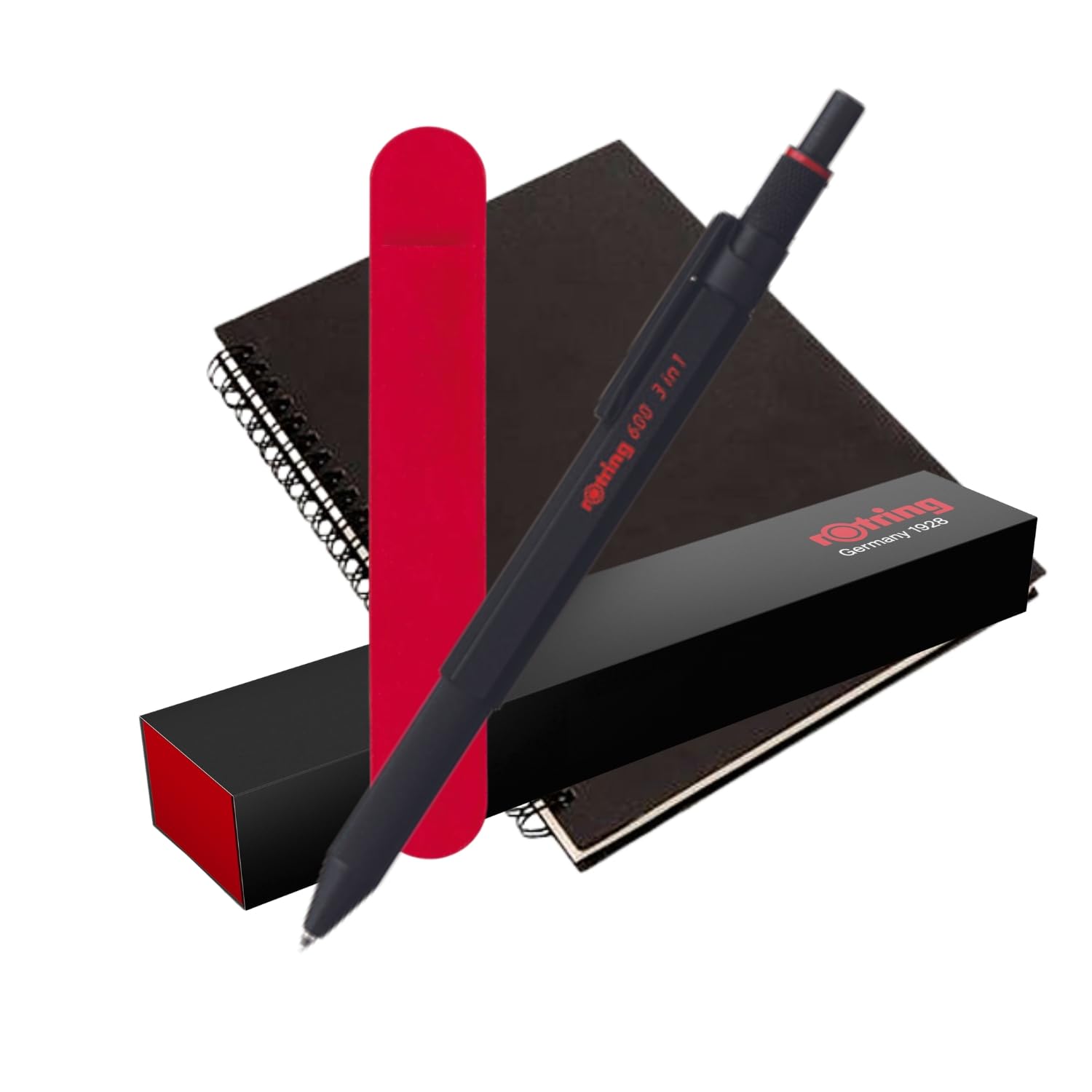 rOtring 600 penne e portamine multicolore 3 in 1 | Fusto nero | Penna a sfera (inchiostro nero e rosso) + matita da 0,5 mm | Confezione regalo + quaderno a spirale A5 + sacchetto di velluto