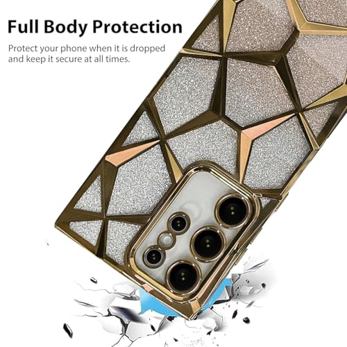 Image of VONZEE Gradient Glitter Case for Samsung S25 Ultra, Luxury Electroplated 3D Cube, Diamond Bling Shiny Soft TPU Clear Shockproof Women Girls Protective Phone Cover (Gold)