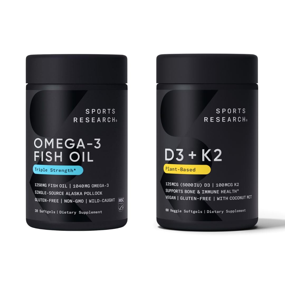 Triple Strength Omega 3 Fish Oil 1250mg EPA & DHA from Wild Alaska Pollock Burpless Supplement Sustainably Sourced and Vitamin D3 K2 with Coconut Oil Plant Based Vegan Certified