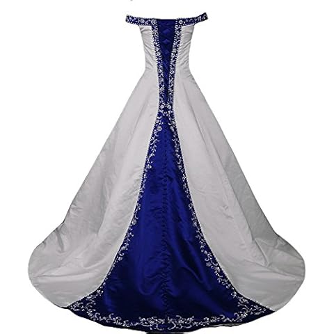 Kivary White and Royal Blue Off Shoulder A Line Beaded Embroidery Wedding Dresses Plus Size US 20W Cover