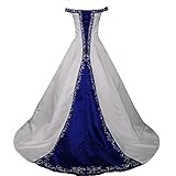 Kivary White and Royal Blue Off Shoulder A Line Beaded Bridal Embroidery Wedding Dresses US 16