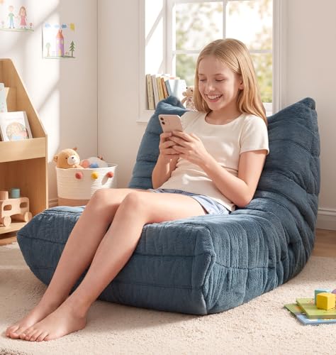 Image of Hobestluk Medium Bean Bag Chair Faux Fur Fabric BeanBag Couch for Playroom | Bluegrey Plush,Ergonomic Design,Memory Foam,Strong Supportive,No Assembly Required,Decorative Style for Living Room Bedroom