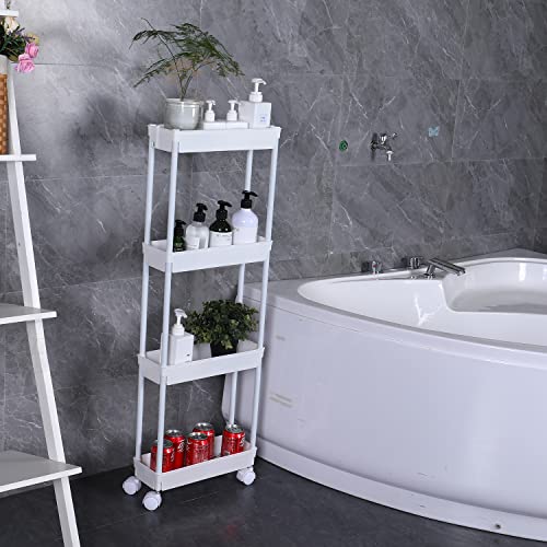 Sooyee 4 Tier Slim Storage Cart Mobile Shelving Unit Organizer Slide Out Storage Rolling Utility Cart Tower Rack For Kitchen Bathroom Laundry Narrow Places, Plastic & Stainless Steel,White #TOP4