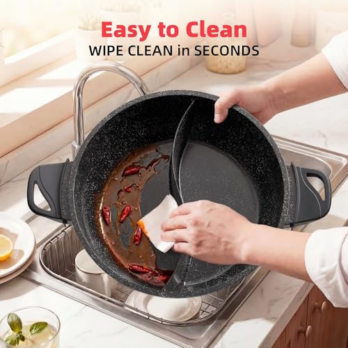 Image of TWIN Electric Hot Pot with Divider | EvenHeat Cast Aluminum Non-Stick Pot for No-Spot Cooking | 1500W Fast Heating | Dual-Flavor Shabu Shabu Pot for | 1-Yr Warranty | Granite Black