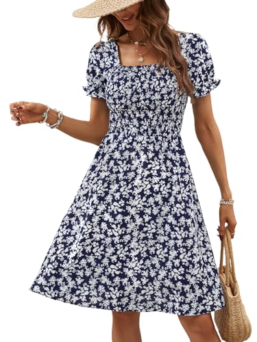 Image of Berydress Women's Summer Dresses 2026 Pockets Short Sleeve Square Neck Flowy A Line Casual Boho Smocked Mini Sun Dress