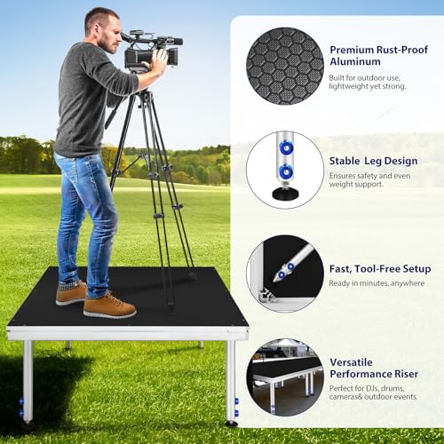 Image of 4x4ft Portable Stage Platform, 1900LBS Load Heavy Duty Aluminum Stage Riser, Adjustable Height 24 inch-41 inch Folding Modular Stage Deck, Anti-Slip Surface for Concerts, Weddings, DJ, Events, Commercial Use