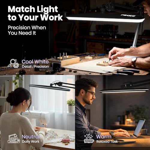 Image of Neatfi XL 2,200 Lumens 20W LED Task Lamp - 23 inch Ultra-Wide Head | 182 SMD LEDs | 4 Brightness Levels | 3 Light Modes | Eye-Caring, Glare-Free | Adjustable Arm (Black, CCT with Base)