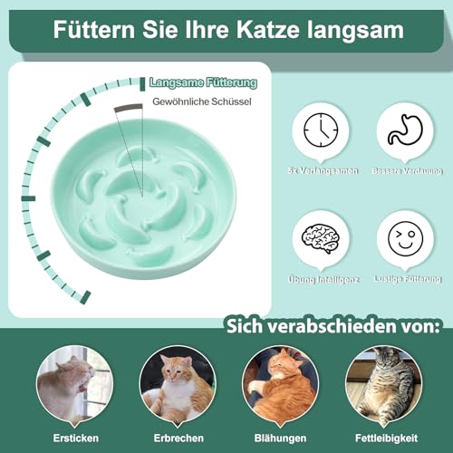 Antischlingnapf Katze Set aus Keramik - 2 Stück Futternäpfe für langsames Fressen - Doppel Katzennapf in Pastellfarben - Fressnäpfe für Katzen - Weiß und Grün