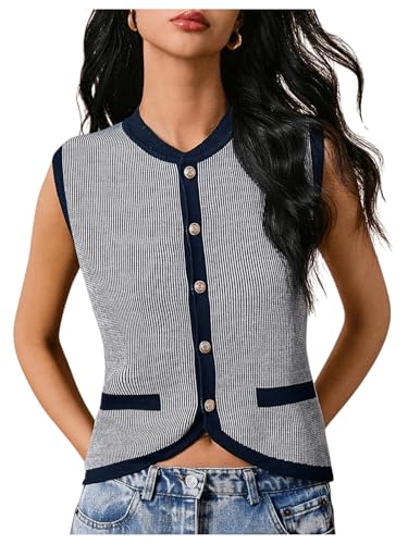 GORGLITTER Women's Striped Button Up Cropped Sweater Vest Sleeveless Knit Vest Tops 2025 Trendy Outfits