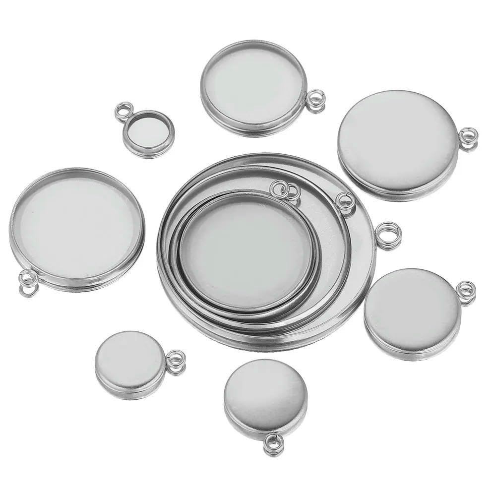 TPIONEER 10pcs Gold PVD Stainless Steel Cabochon Bezel Trays, Sizes 6-30mm, for Pendant & Cameo Jewelry