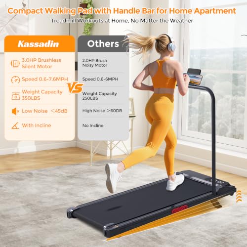 Image of KASSADIN Walking Pad with Handles, Electric Treadmill for Home with Incline, Portable Mini Walking Pad Treadmill with Handle Bar, Small Under Desk Treadmill with Handles, 3.0HP, 0.6-7.6MPH, 350LBS