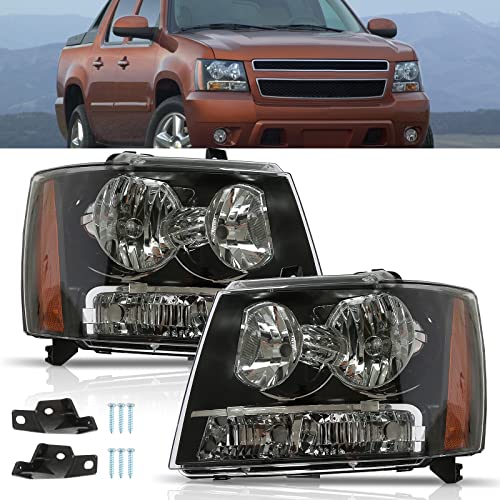 BoardRoad Headlights Assembly Compatible with 2007-2013 Chevy Avalanche, 2007-2014 Chevy Suburban/Tahoe Headlamps Replacement Black Housing Amber Reflector Driver and Passenger Side