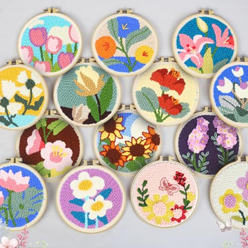 Image of Allazone 3 Set Punch Needle Embroidery Starter Kits with Flower Pattern, Punch Needle Tool Threader Fabric, Yarn, Embroidery Hoop for Crafts, Home Decor
