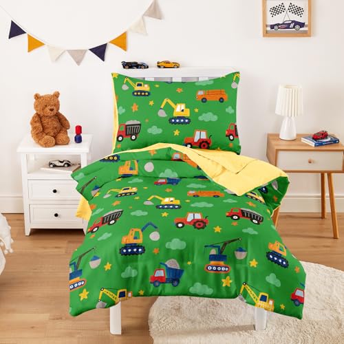 Image of Wake In Cloud - Toddler Bedding Set for Boys, Construction Car Excavator Truck, 4 Pieces Soft Crib Bed Set Including Comforter, Sheets and Pillowcase, Grass Green