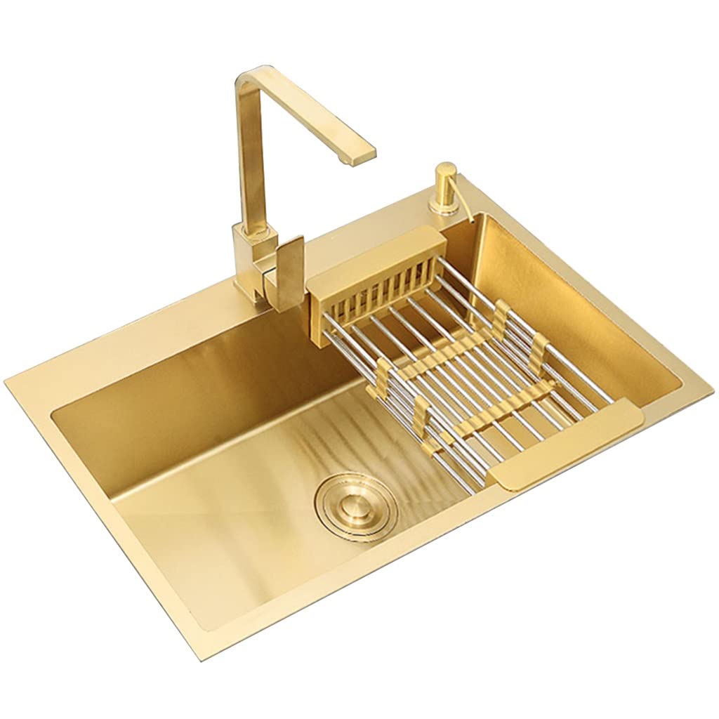 Lavello per Camper, Vasca Singola, in Acciaio Inox 304, lavello da Bar, Montaggio sopra o sottopiano, con Rubinetto Quadrato e cestello di Scarico (Oro 75x45x21 cm)