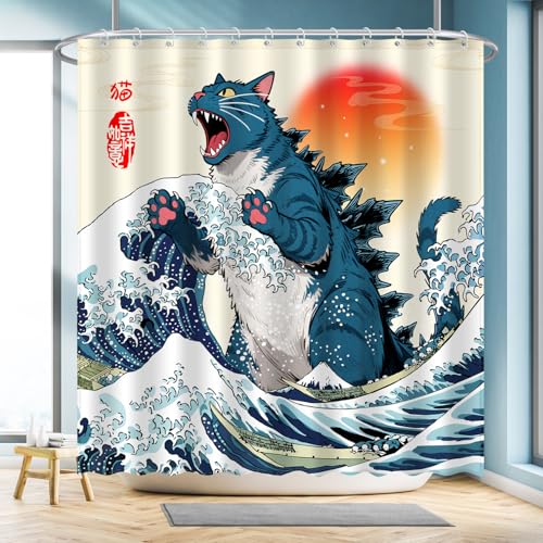 AMLabubu Funny Blue Cat Monster Shower Curtain Set Japanese Anime Sunset Ocean Waves Home Bathroom Decor Polyester Cloth Fabric Bath Curtain with 12 Hooks 72 W x 72 L