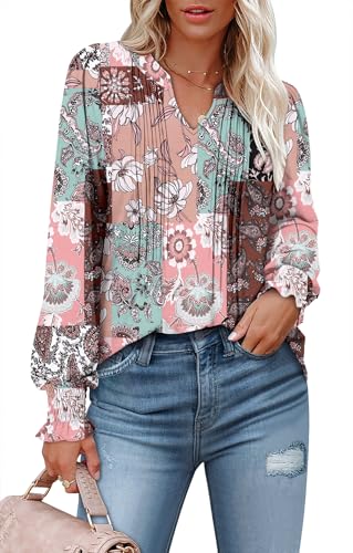 BETTE BOUTIK Long Sleeve Shirts for Women Fall Tops Dressy Blouses Pleated V Neck Tunic Tops for Leggings S-3XL