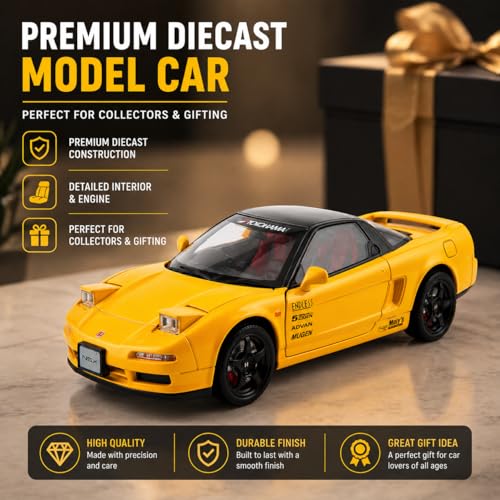 Image of Honda NSX Die-Cast Car Model Yellow - 6 Openable Parts Sound Light Pull-Back Alloy Metal Collectible Sports Car Toy for Kids Collectors