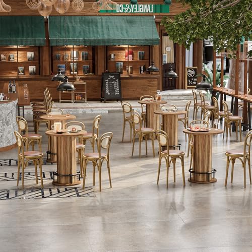 Image of Tribesigns Round Dining Table, Bar Height Commercial Kitchen Table with Wood Strip Base and Footrest, for Dining Room, Restaurant, Cafe, Bakery, School, Apartment, Brown (Only Table)