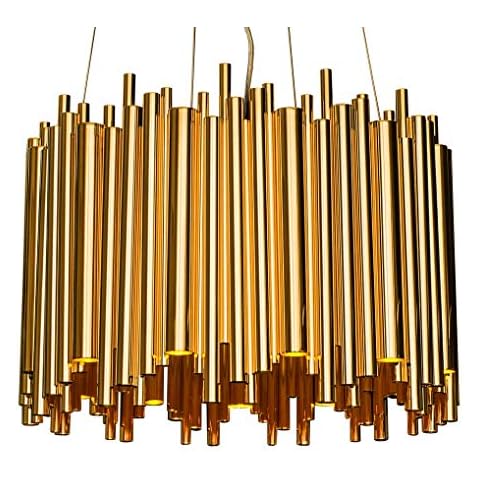 NEUERRAUM Herrschaftlicher Bauhaus Kronleuchter Stahl Röhre Goldfarben platiniert. LED Technik 8 x Down + 4 Deckenstrahler Cover