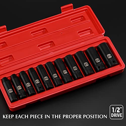 Image of EMENTOL 11PCS 1 /2 Inch Drive Deep Impact Socket Set, Metric, 6-Point, CR-V, 11 Pieces 1 /2 inch Dr. Deep Socket Set, 10mm - 24mm