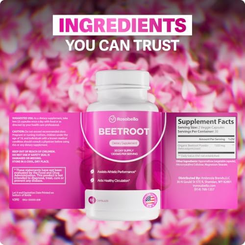 Rosabella Organic Beet Root Capsules - 1300mg Beet Root Powder Aids Healthy Circulation & Vitality, Non-GMO, Beet Root Supplement - 60 Capsules, 30-Day Supply - 1