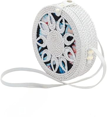 ShelterCast Round Rattan Bag for Women Straw Bag Handwoven Beach Bohemian Shoulder Purse (White, Large)