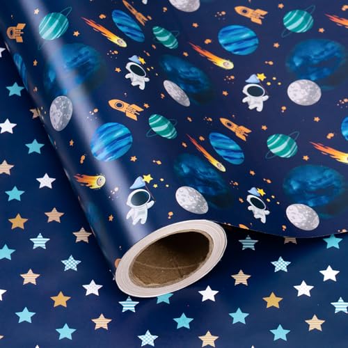 WRAPAHOLIC Reversible Out Space Wrapping Paper Roll - Mini Roll - 17 Inch x 16.5 Feet - Planets Astronauts Space Adventure and Star Wrapping Paper for Boys Kids Birthday Baby Shower