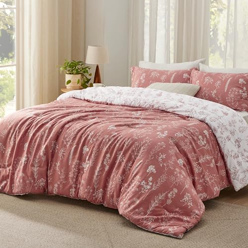 Image of Bedsure King Comforter Set - Pink Clay Bed Set, 3 Pieces Cute Floral Bedding, 1 Soft Reversible Botanical Flowers Comforter and 2 Pillow Shams